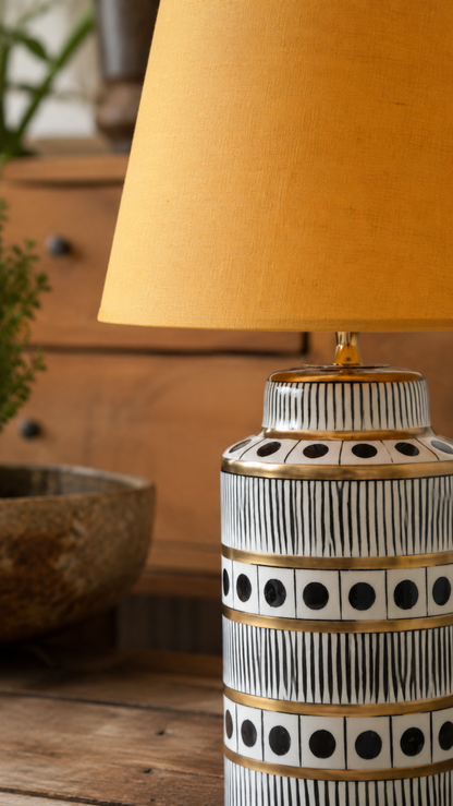 Black & White Ceramic Table Lamp with Gold Bands & Dots
