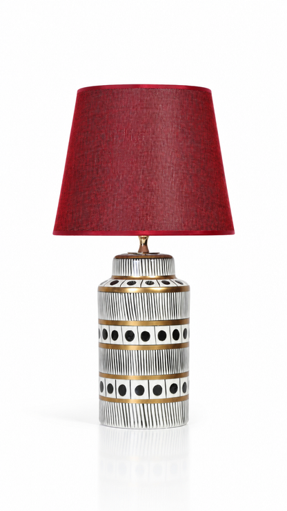 Black & White Ceramic Table Lamp with Gold Bands & Dots