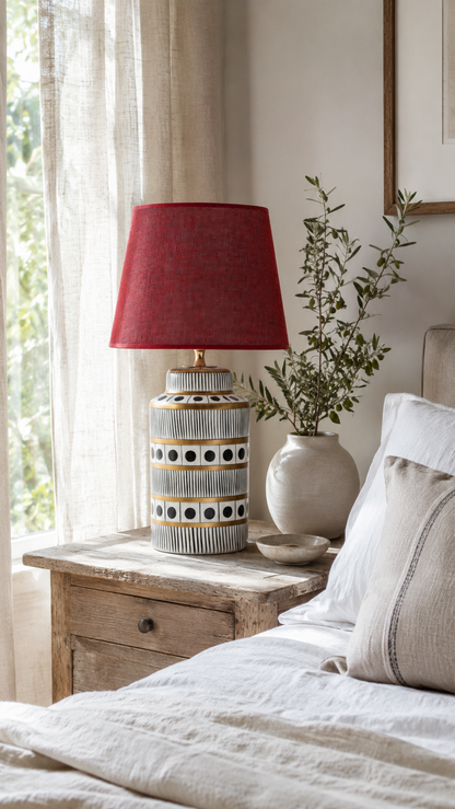 Black & White Ceramic Table Lamp with Gold Bands & Dots