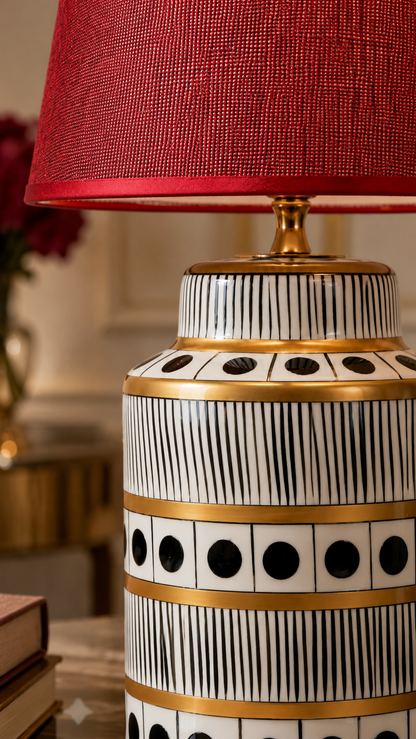 Black & White Ceramic Table Lamp with Gold Bands & Dots