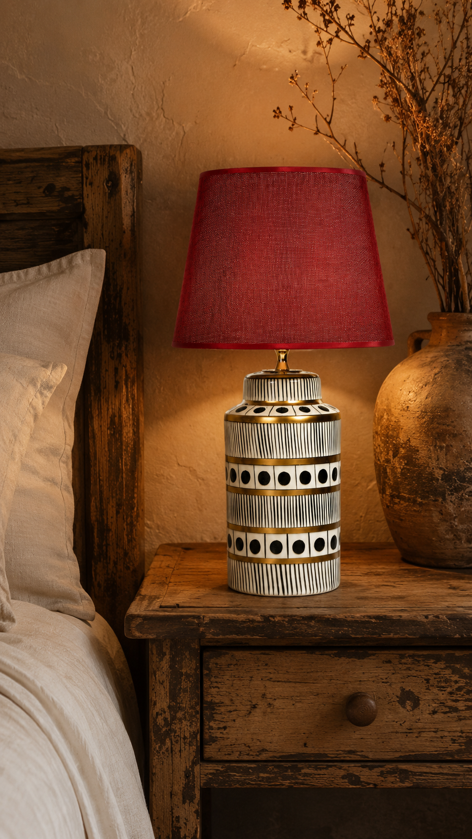 Black & White Ceramic Table Lamp with Gold Bands & Dots