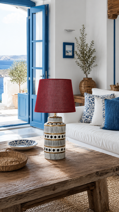 Black & White Ceramic Table Lamp with Gold Bands & Dots