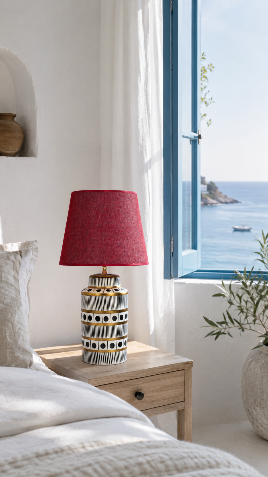 Black & White Ceramic Table Lamp with Gold Bands & Dots