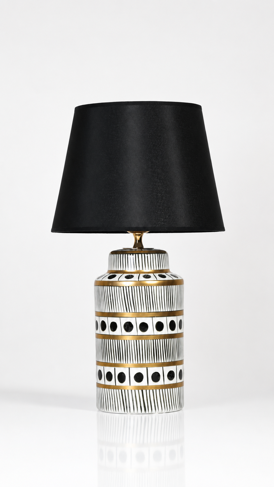 Black & White Ceramic Table Lamp with Gold Bands & Dots