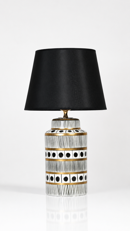 Black & White Ceramic Table Lamp with Gold Bands & Dots