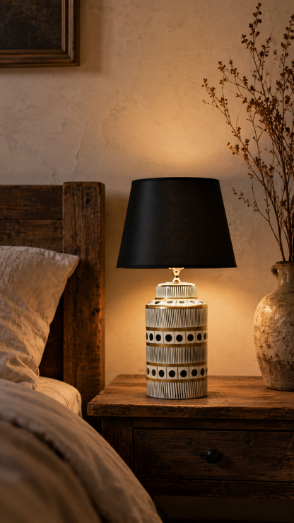 Black & White Ceramic Table Lamp with Gold Bands & Dots
