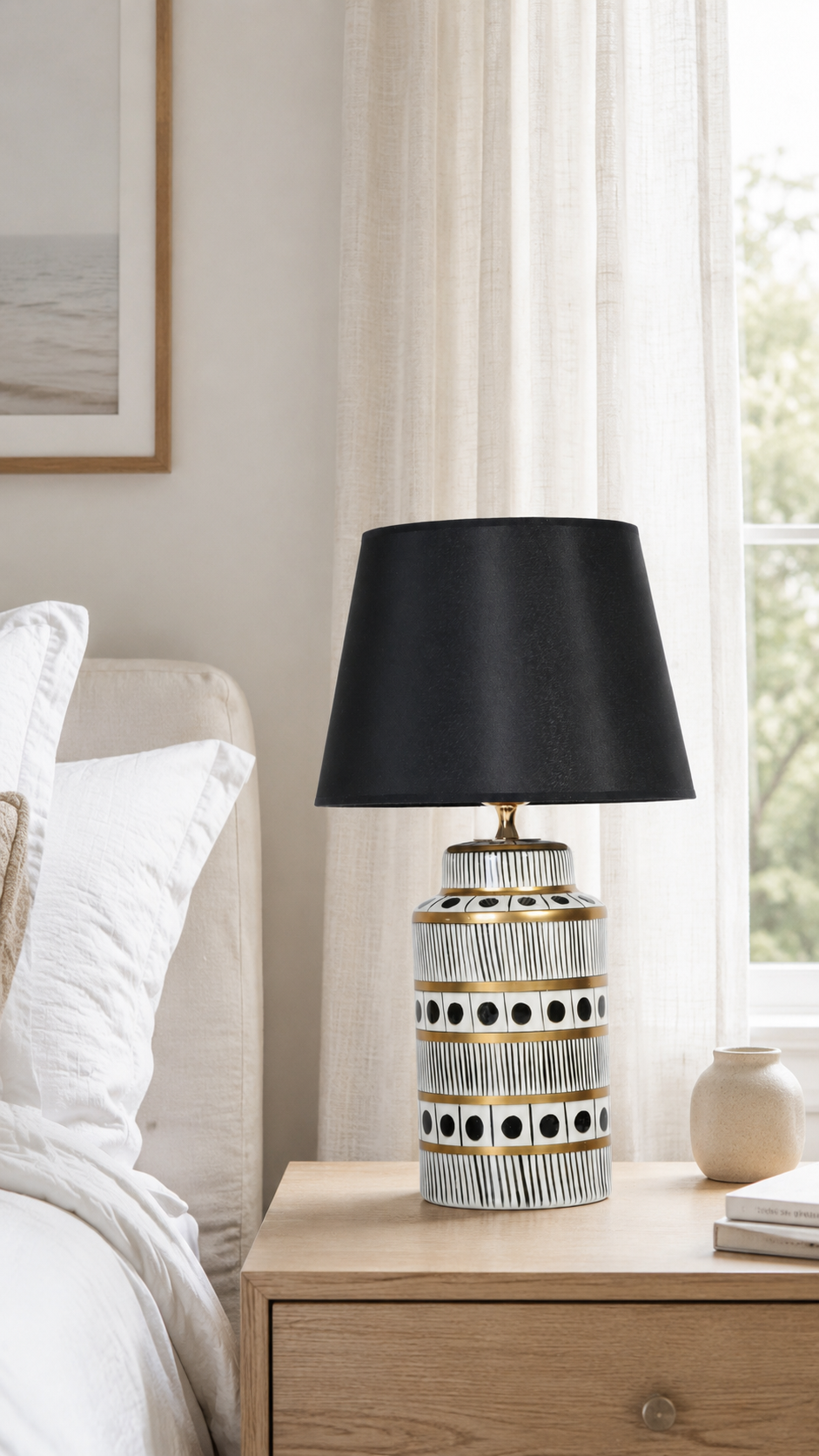 Black & White Ceramic Table Lamp with Gold Bands & Dots