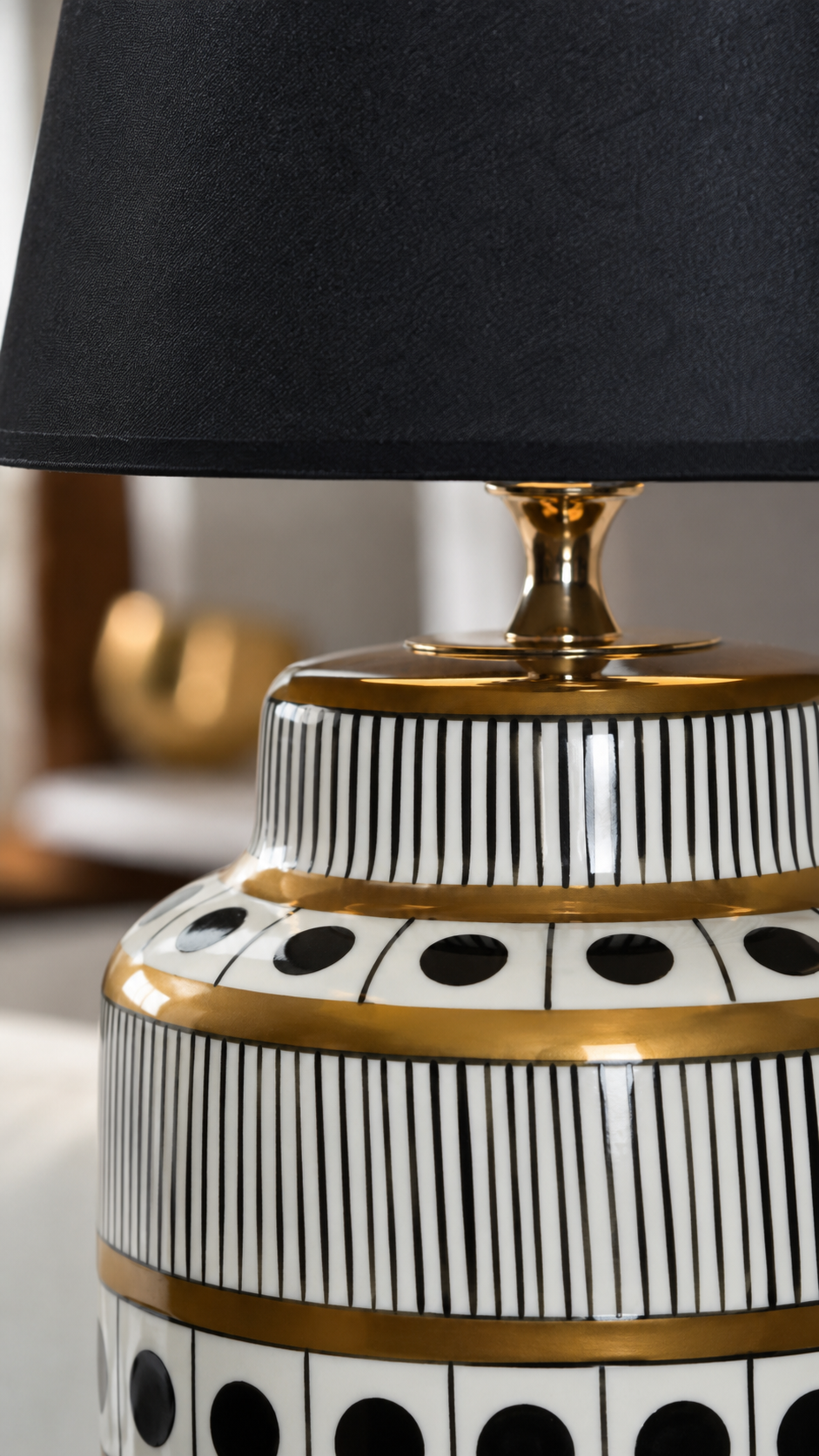 Black & White Ceramic Table Lamp with Gold Bands & Dots