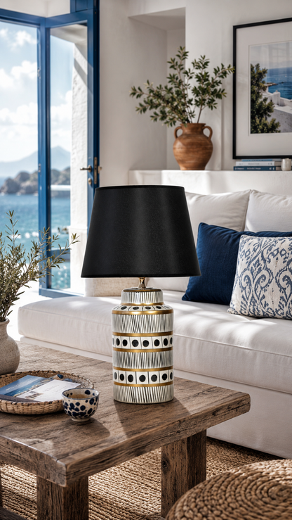 Black & White Ceramic Table Lamp with Gold Bands & Dots