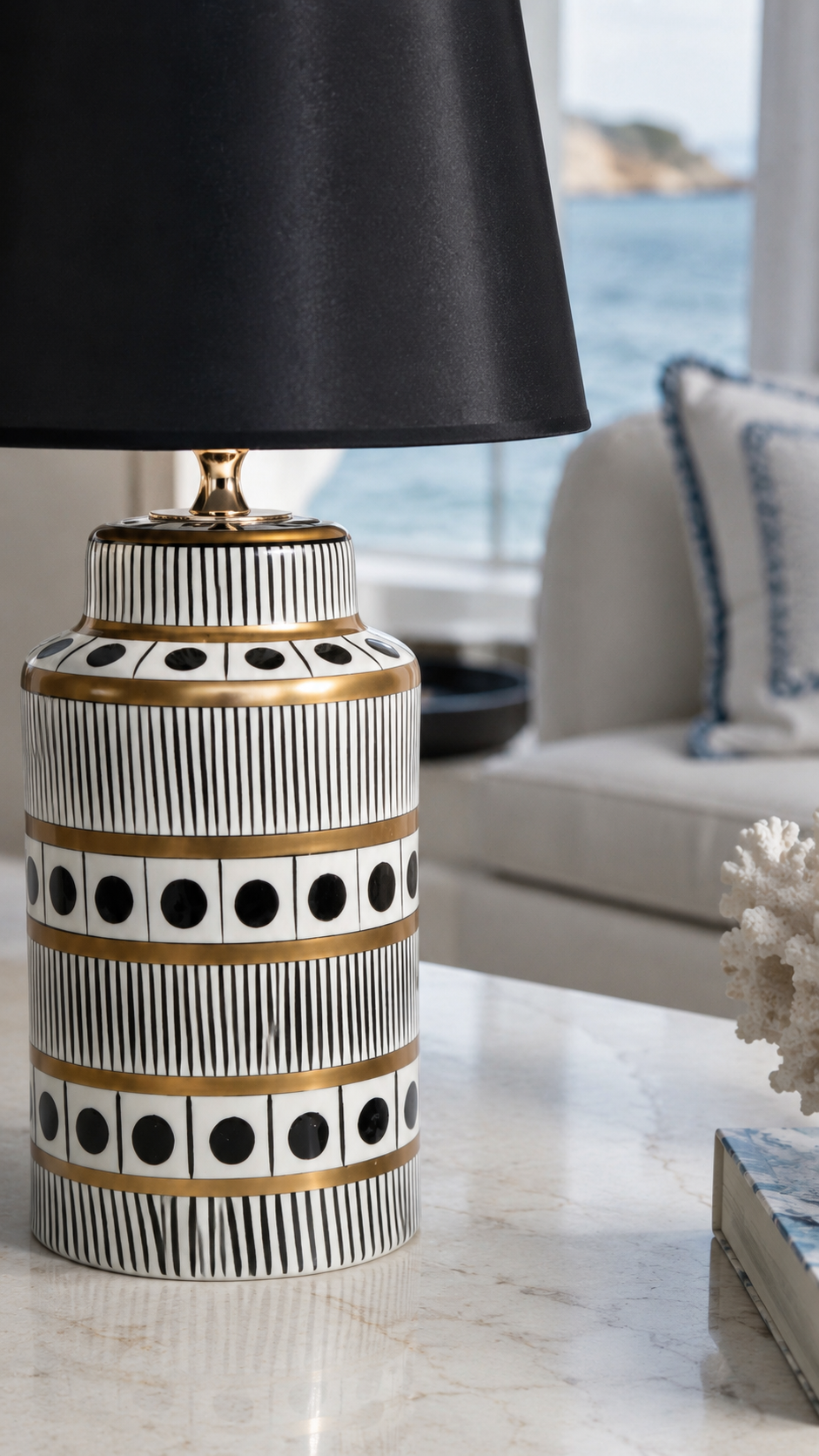 Black & White Ceramic Table Lamp with Gold Bands & Dots