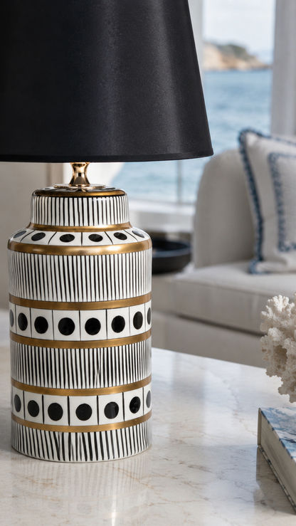 Black & White Ceramic Table Lamp with Gold Bands & Dots