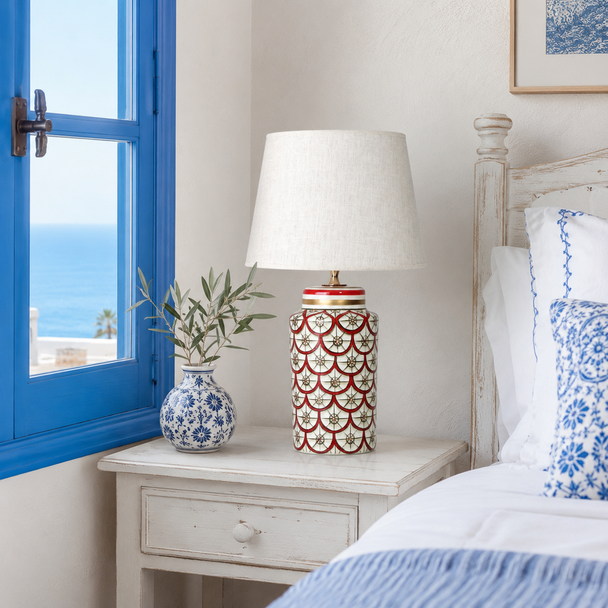 Red & White Ceramic Table Lamp, Scale Pattern Bedside Lamp