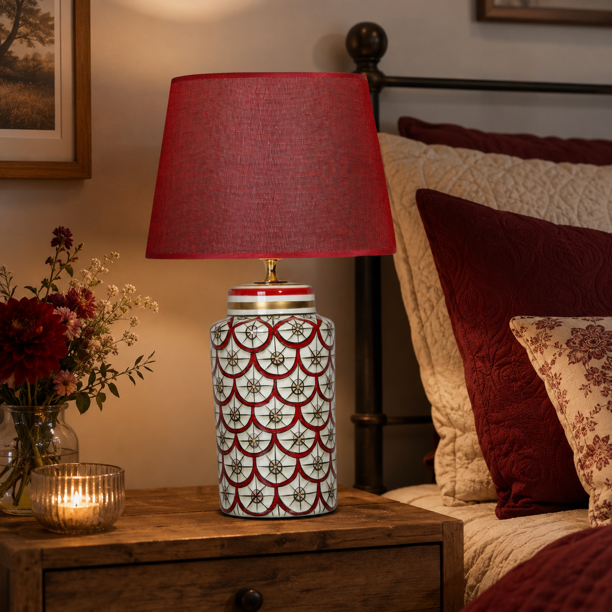Red & White Ceramic Table Lamp, Scale Pattern Bedside Lamp