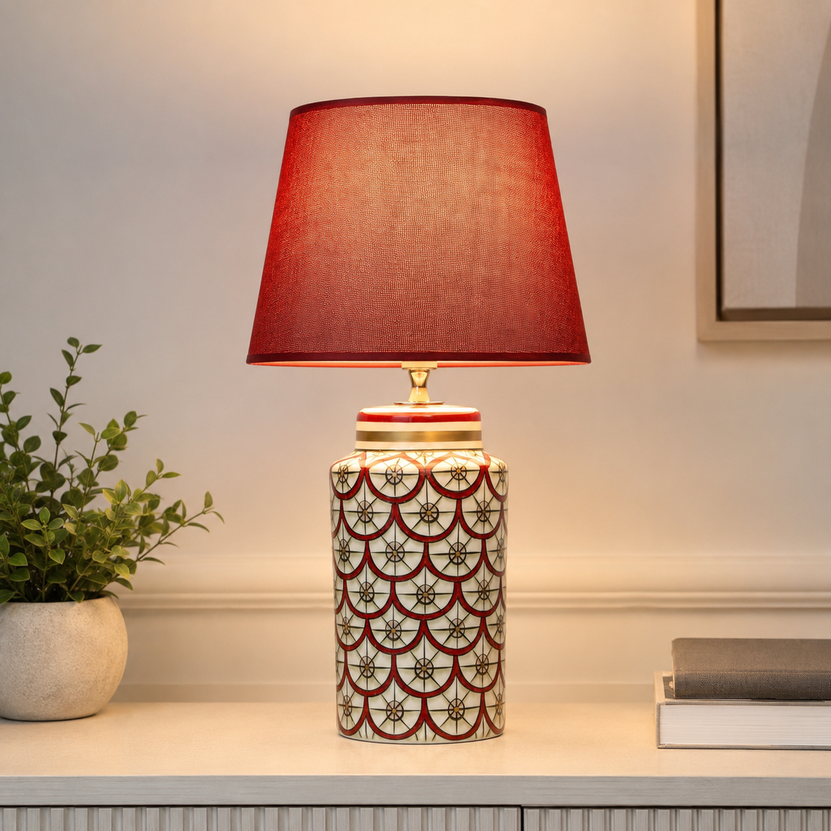 Red & White Ceramic Table Lamp, Scale Pattern Bedside Lamp
