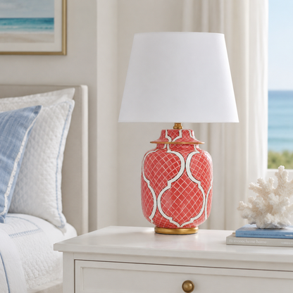 Coral Red Ceramic Ginger Jar Table Lamp with Gold Trim