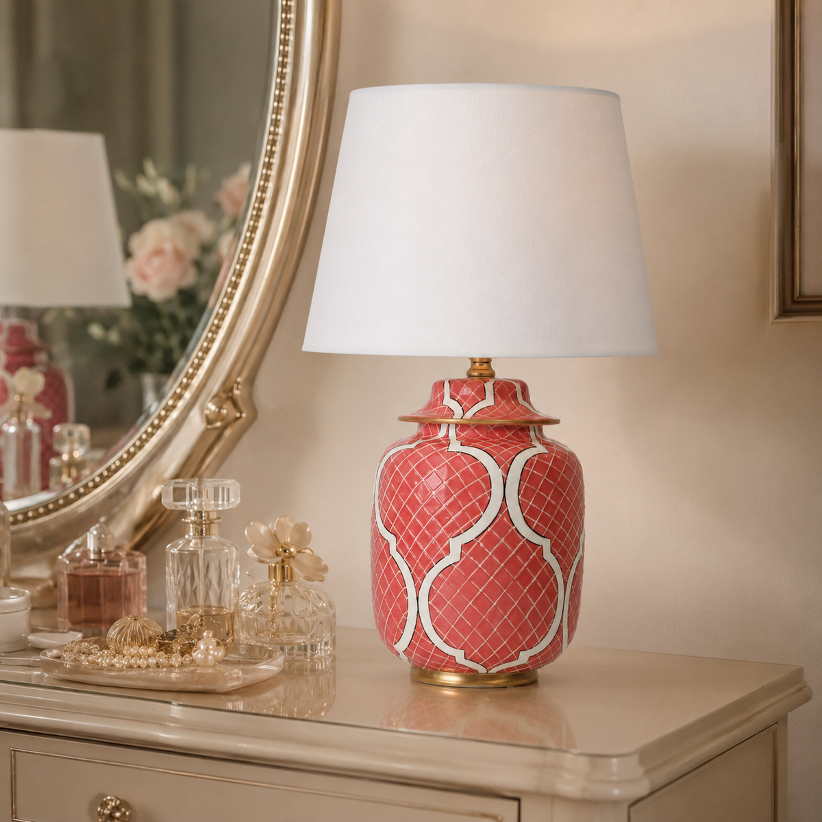 Coral Red Ceramic Ginger Jar Table Lamp with Gold Trim