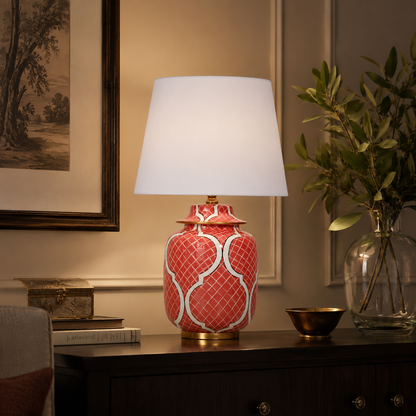 Coral Red Ceramic Ginger Jar Table Lamp with Gold Trim