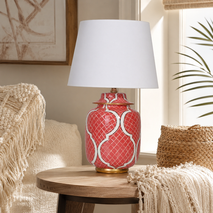 Coral Red Ceramic Ginger Jar Table Lamp with Gold Trim