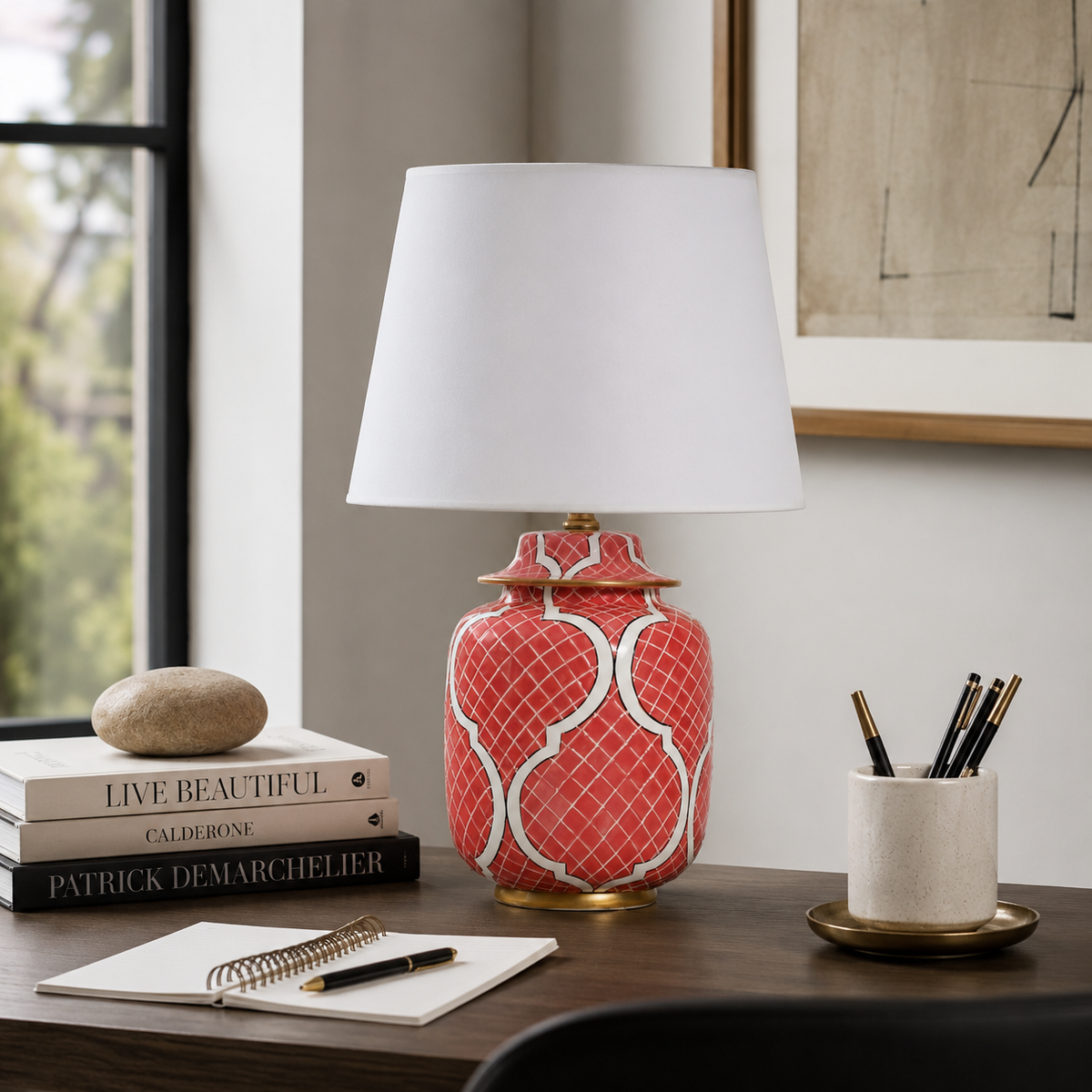 Coral Red Ceramic Ginger Jar Table Lamp with Gold Trim