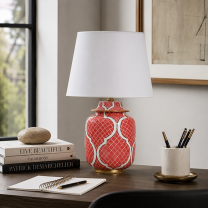 Coral Red Ceramic Ginger Jar Table Lamp with Gold Trim