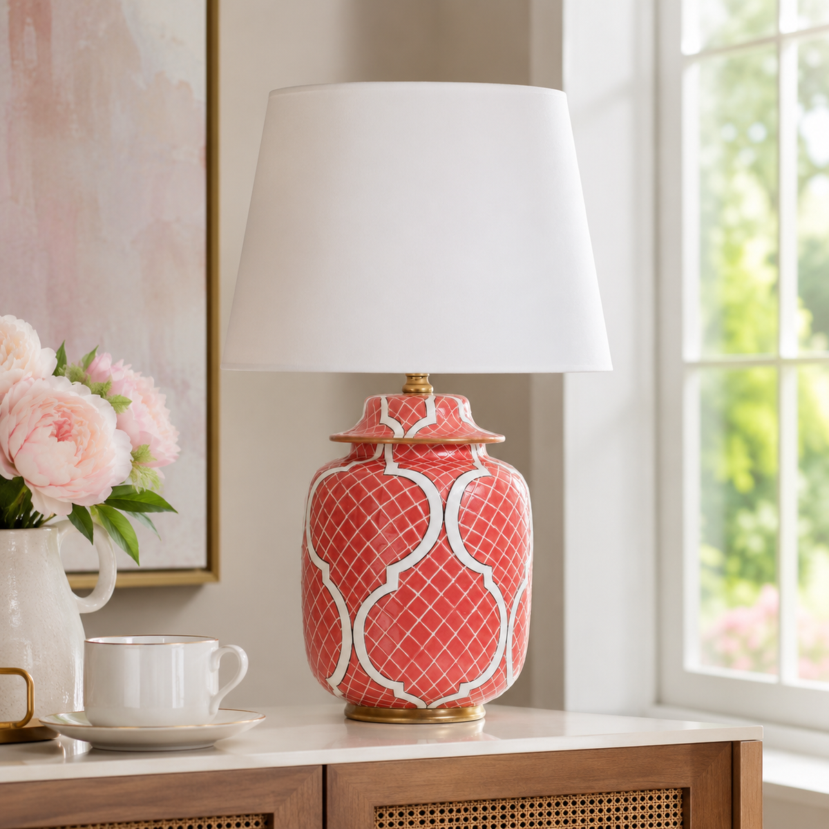 Coral Red Ceramic Ginger Jar Table Lamp with Gold Trim