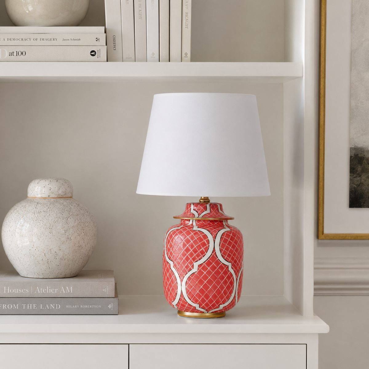 Coral Red Ceramic Ginger Jar Table Lamp with Gold Trim