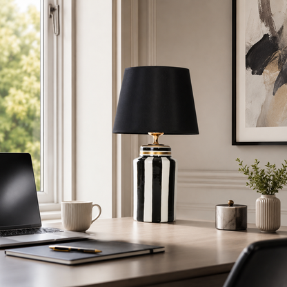 Black & White Striped Ceramic Table Lamp with Black Shade