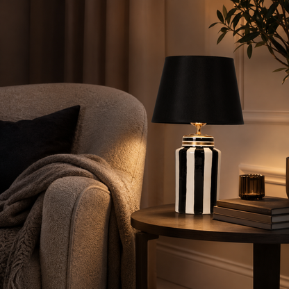 Black & White Striped Ceramic Table Lamp with Black Shade