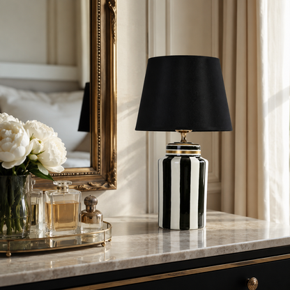 Black & White Striped Ceramic Table Lamp with Black Shade
