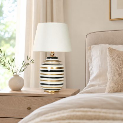 Black, White & Gold Striped Ceramic Ginger Jar Table Lamp