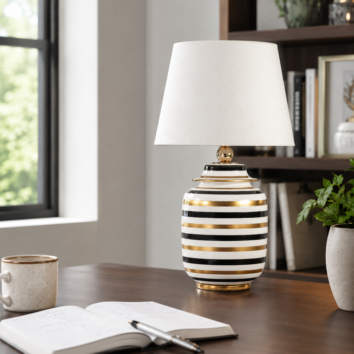 Black, White & Gold Striped Ceramic Ginger Jar Table Lamp