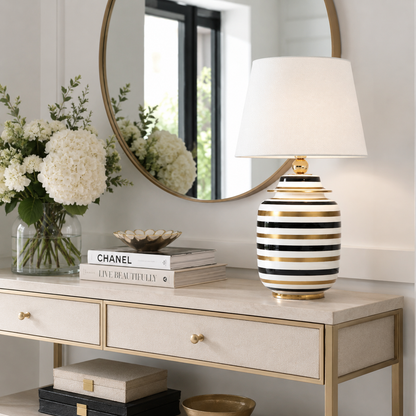 Black, White & Gold Striped Ceramic Ginger Jar Table Lamp