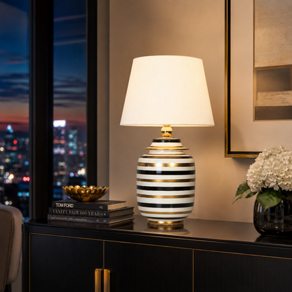 Black, White & Gold Striped Ceramic Ginger Jar Table Lamp