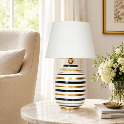 Black, White & Gold Striped Ceramic Ginger Jar Table Lamp