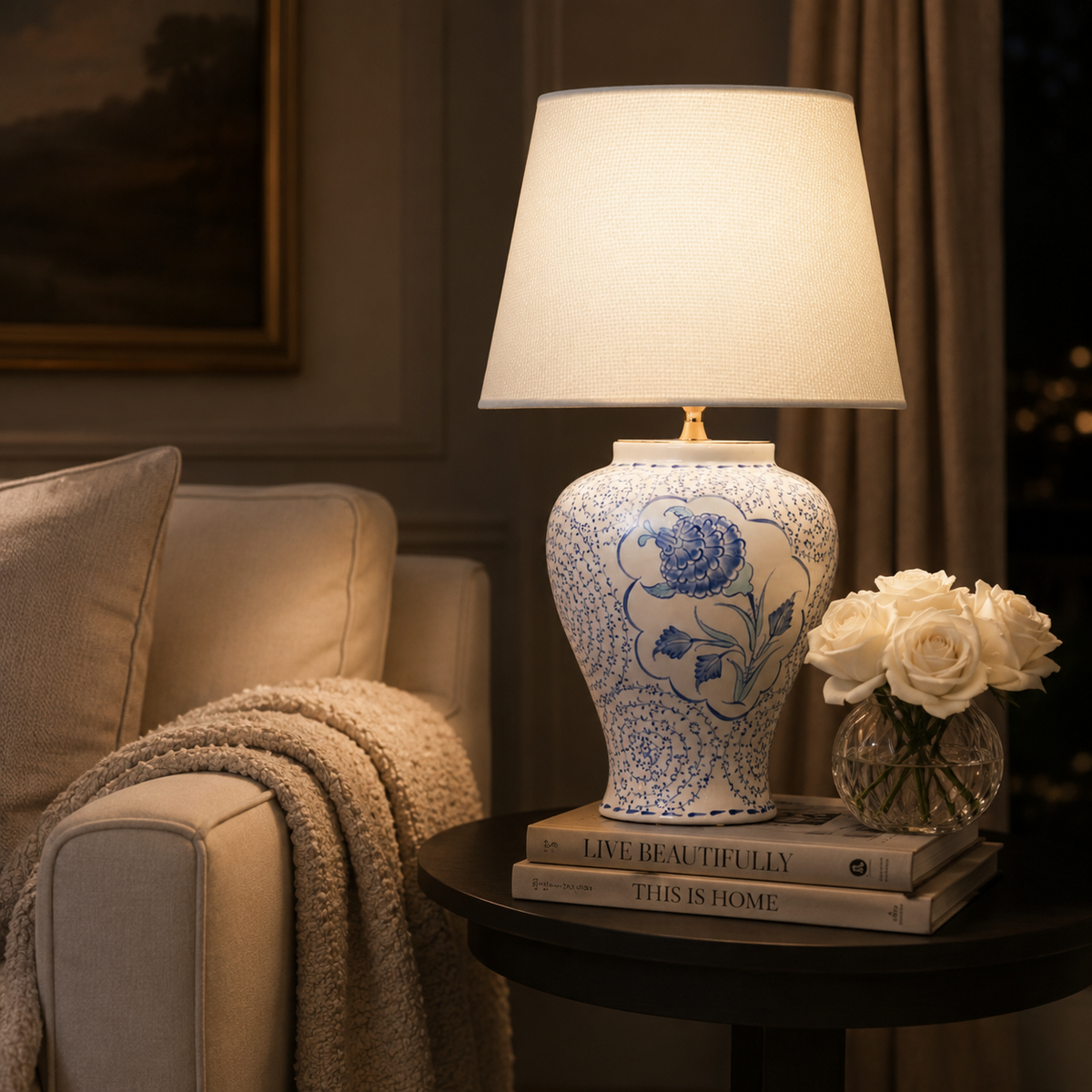 Blue & White Floral Ceramic Table Lamp, Chinoiserie Ginger Jar Lamp