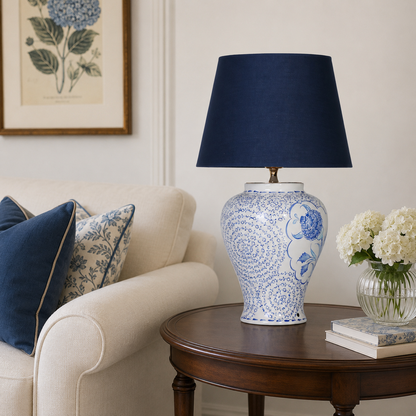 Blue & White Floral Ceramic Table Lamp, Chinoiserie Ginger Jar Lamp