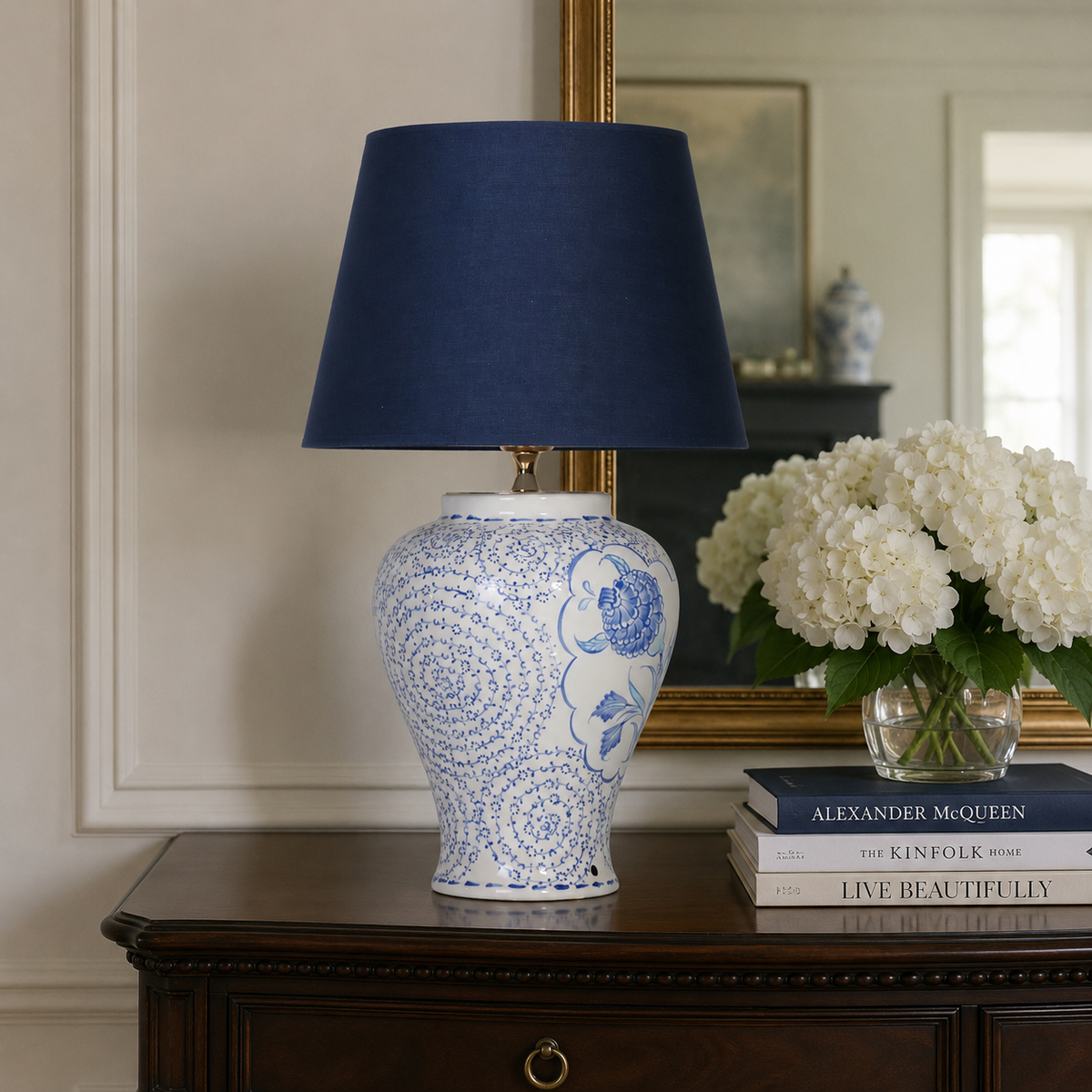Blue & White Floral Ceramic Table Lamp, Chinoiserie Ginger Jar Lamp