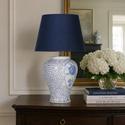Blue & White Floral Ceramic Table Lamp, Chinoiserie Ginger Jar Lamp