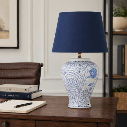 Blue & White Floral Ceramic Table Lamp, Chinoiserie Ginger Jar Lamp