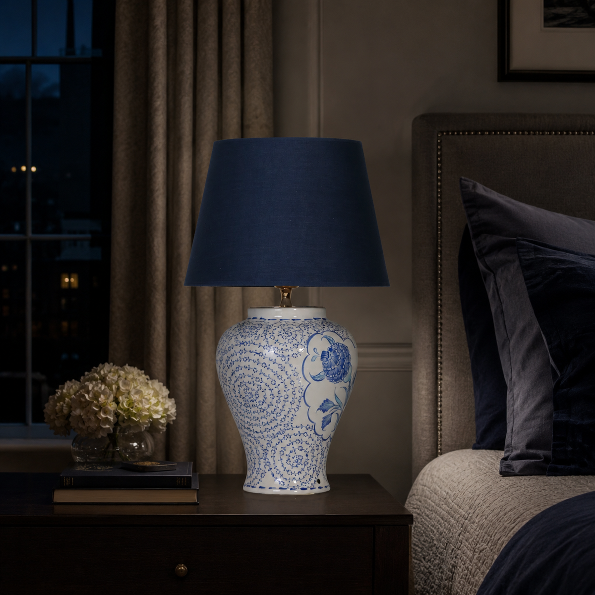 Blue & White Floral Ceramic Table Lamp, Chinoiserie Ginger Jar Lamp