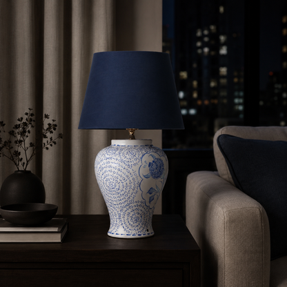 Blue & White Floral Ceramic Table Lamp, Chinoiserie Ginger Jar Lamp