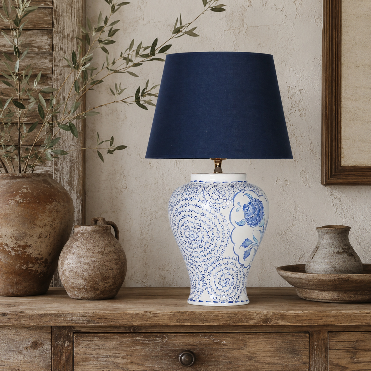 Blue & White Floral Ceramic Table Lamp, Chinoiserie Ginger Jar Lamp