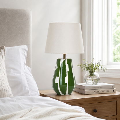 Green & White Ceramic Table Lamp, Modern Abstract Bedside Lamp