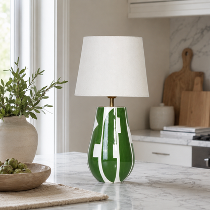 Green & White Ceramic Table Lamp, Modern Abstract Bedside Lamp