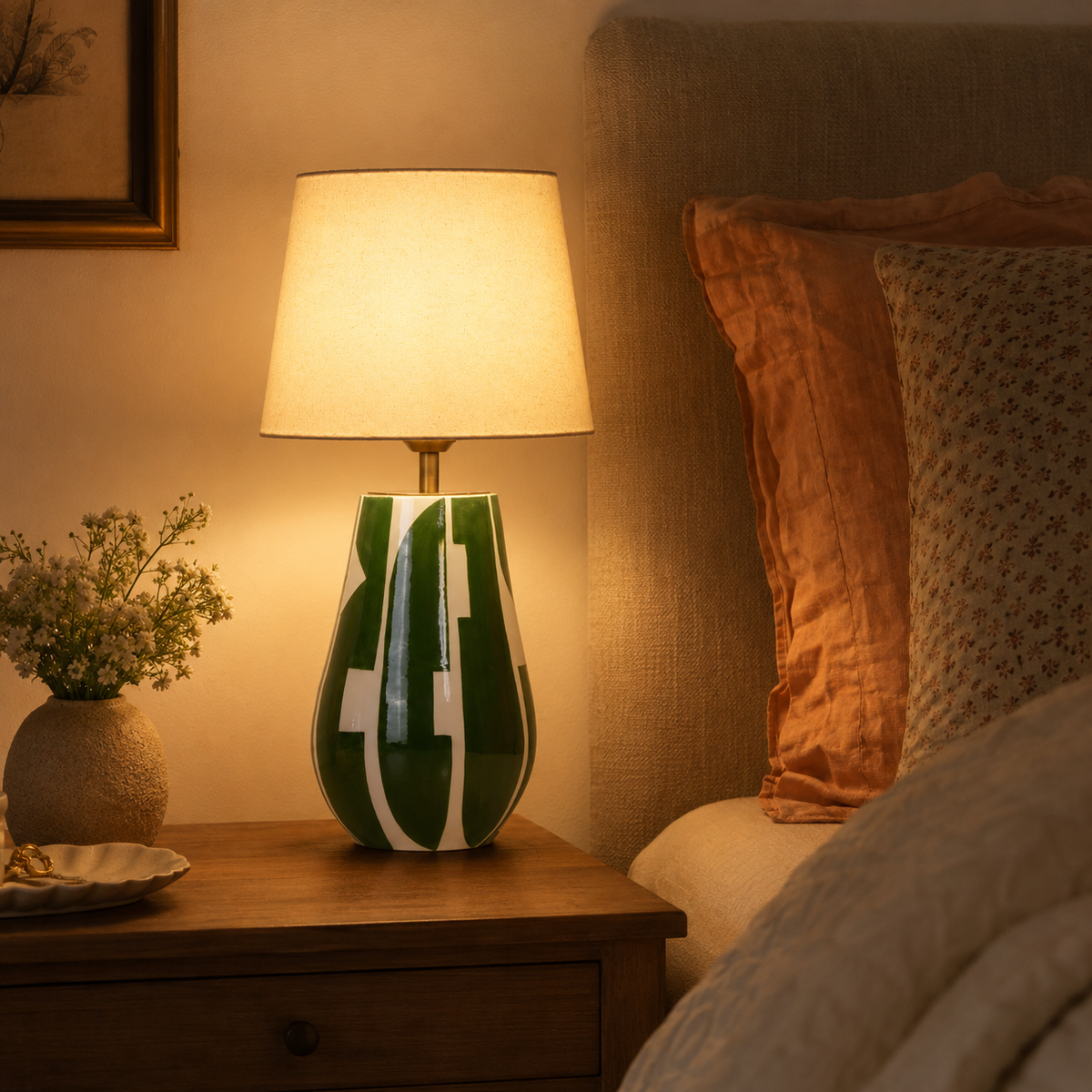 Green & White Ceramic Table Lamp, Modern Abstract Bedside Lamp