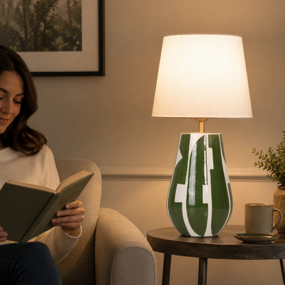 Green & White Ceramic Table Lamp, Modern Abstract Bedside Lamp