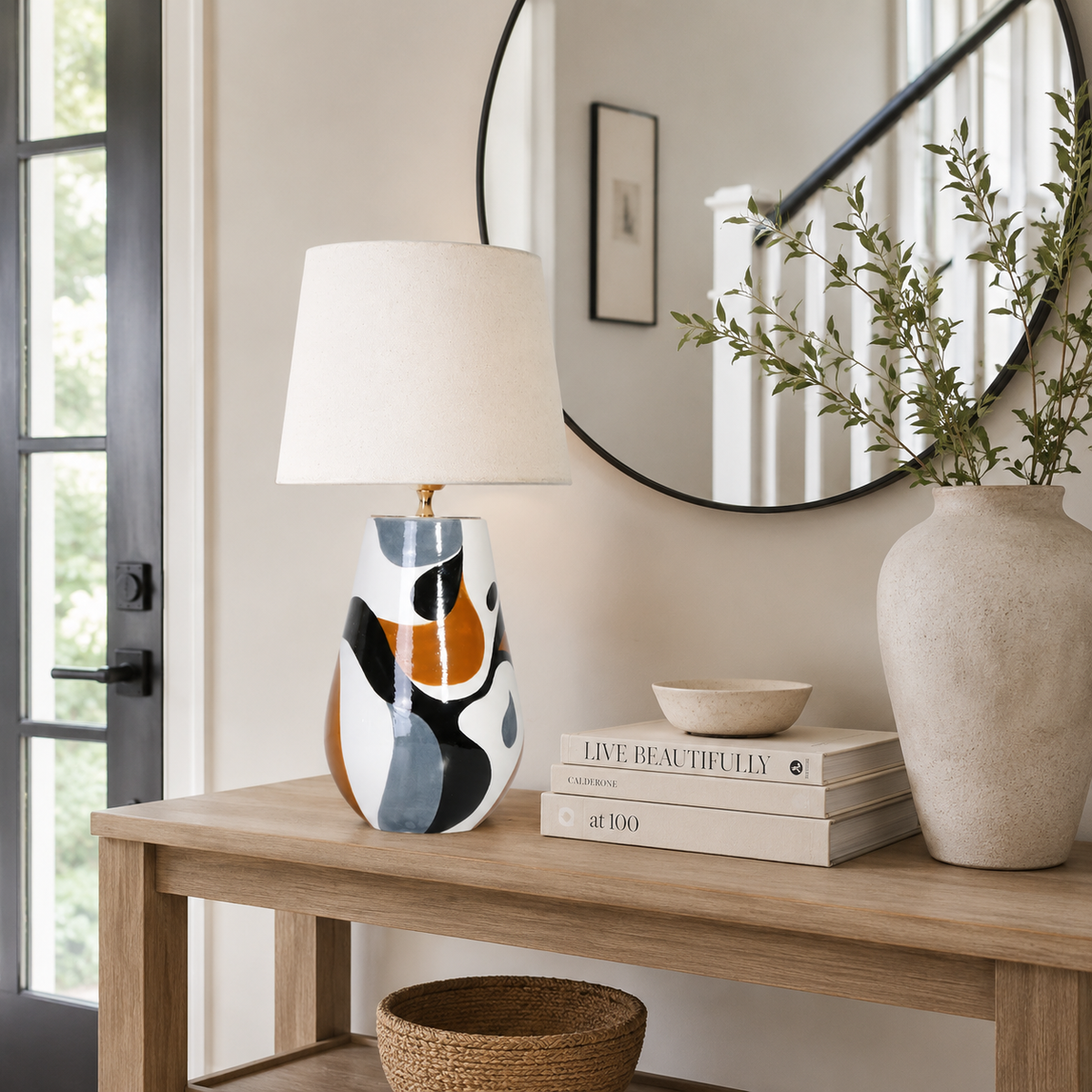 Black, White & Orange Abstract Ceramic Table Lamp, Modern Bedside Lamp