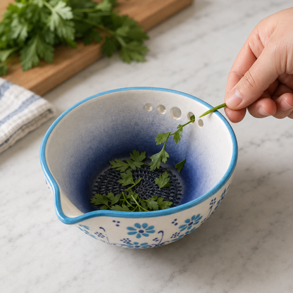 Herb Stripper Bowl & Garlic Grater  – Ceramic Ginder Bowl for Herbs, Ginger & Parmesan