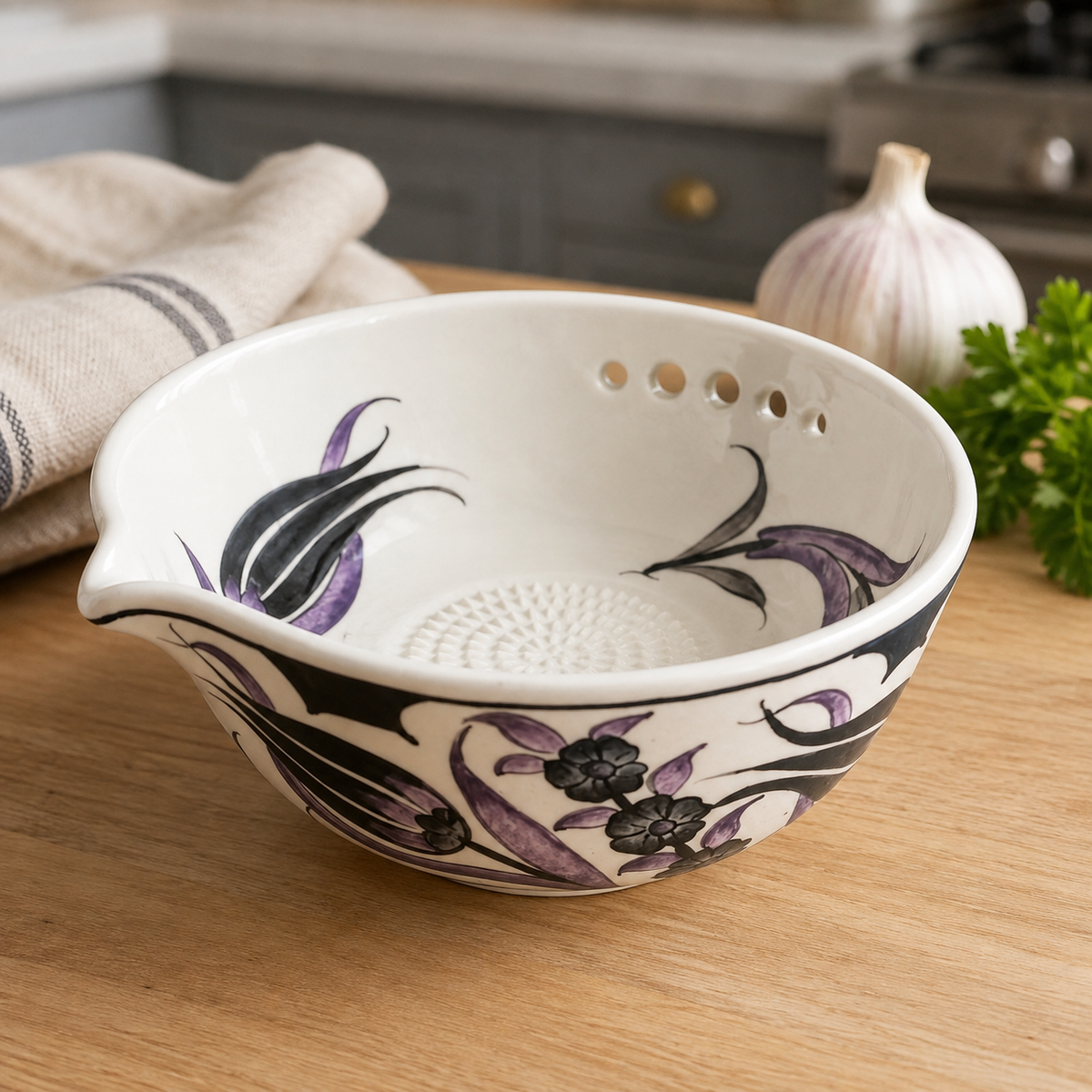 Herb Stripper Bowl & Garlic Grater  – Ceramic Ginder Bowl for Herbs, Ginger & Parmesan