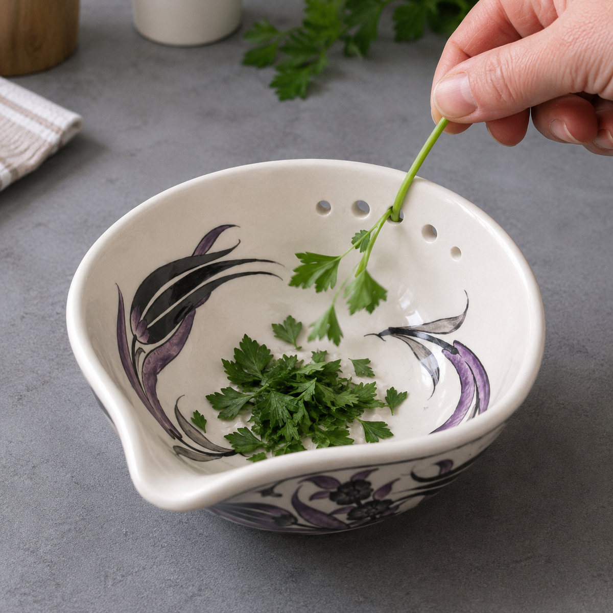 Herb Stripper Bowl & Garlic Grater  – Ceramic Ginder Bowl for Herbs, Ginger & Parmesan